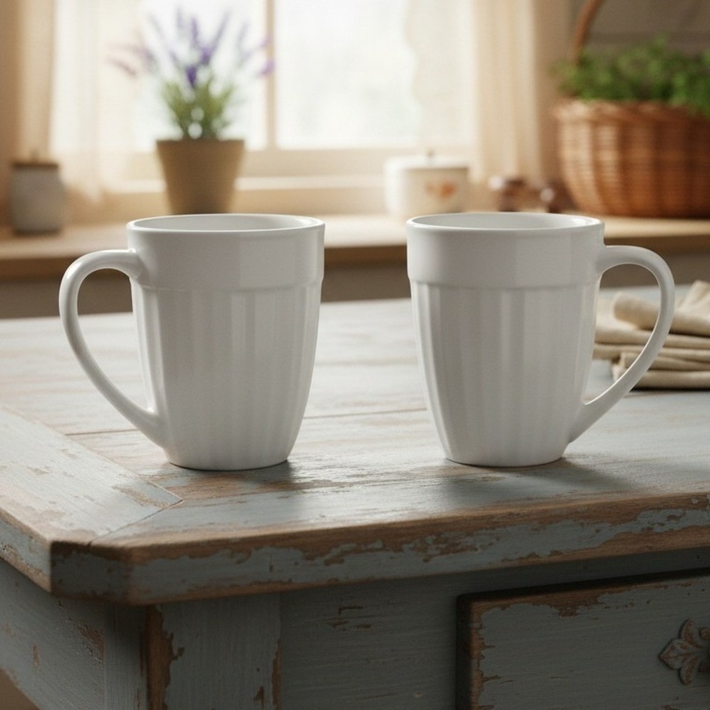 2 CorningWare Tableware Coffee Tea Mugs French White Casual China Porcelain